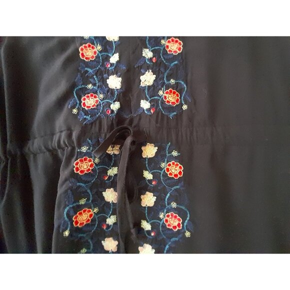 Womens Boho Embroidered Asymmetrical Hi Lo Flared Sleeve Medium Dress Black - Picture 7 of 10